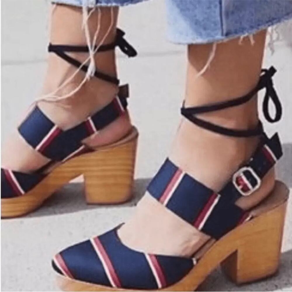 Free People Sandals 9 Heels Retro Clogs Lace up Ankle Boho 70s Festival Monaco